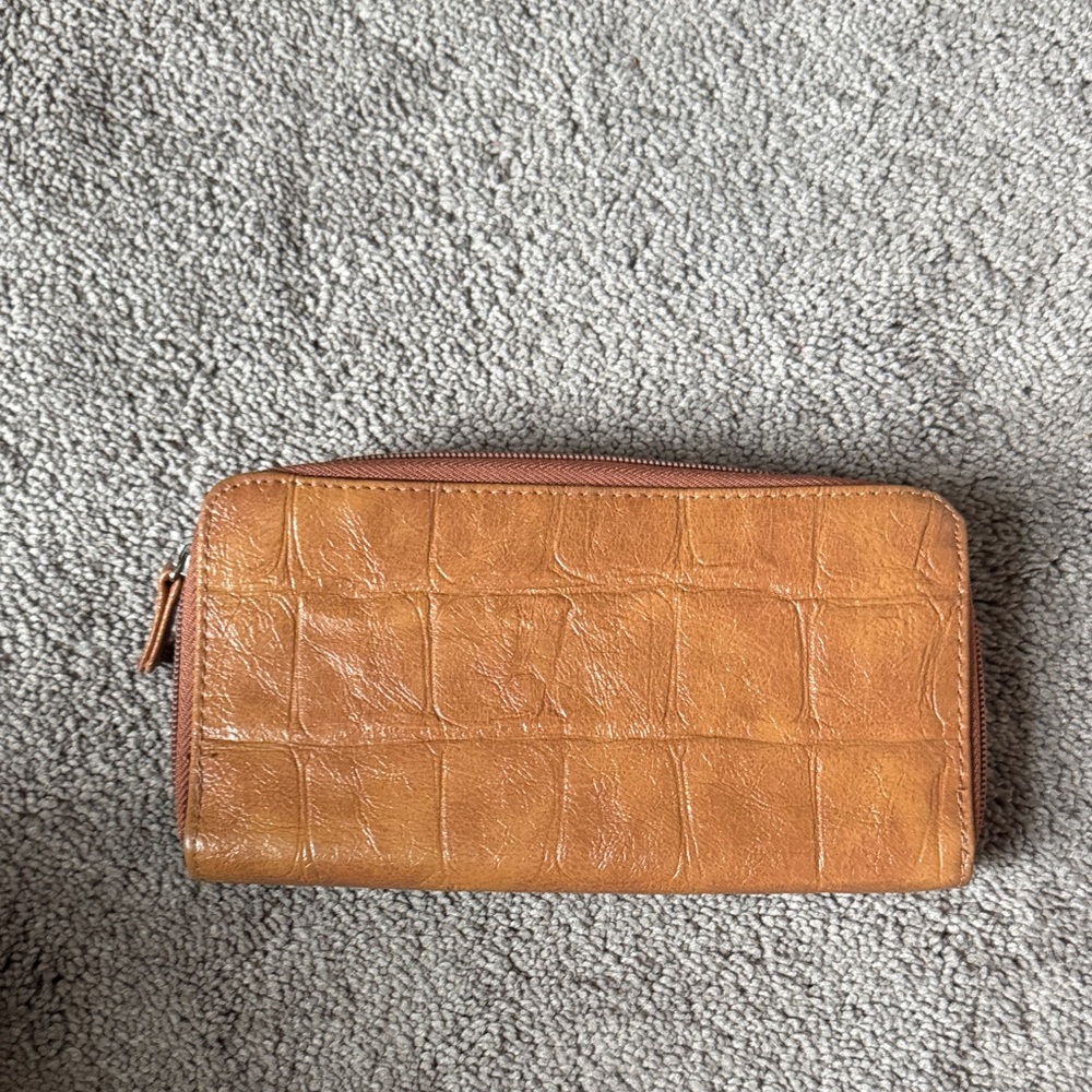 Brown Croc Embossed Zip Around Wallet Faux Leather Organizer Card Holder
